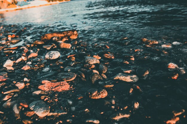 Disparo de alto ángulo de las pequeñas rocas y guijarros de un lago capturado al atardecer