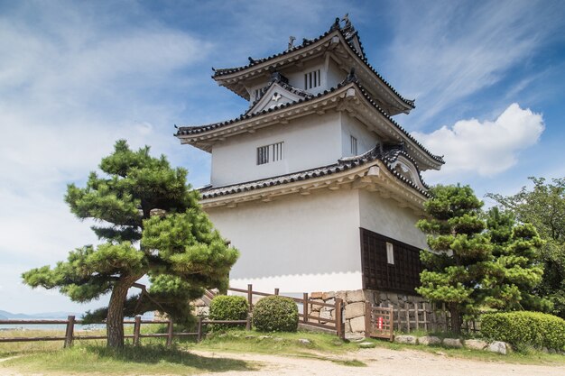 Disparo de ángulo bajo del magnífico castillo de Uwajima capturado bajo el cielo azul en Japón