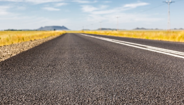 Disparo de la carretera asfaltada entre campos, Sudáfrica