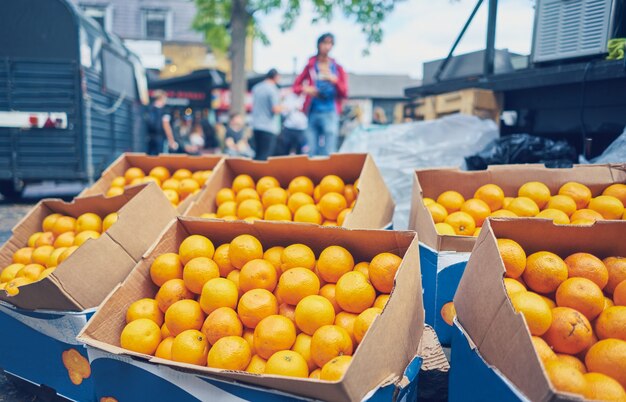 Disparo de enfoque selectivo de cajas de naranjas en un mercado al aire libre