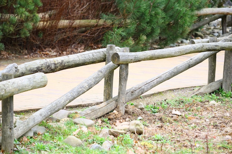 Foto gratuito disparo de enfoque selectivo de una valla de madera cerca de un camino en el parque