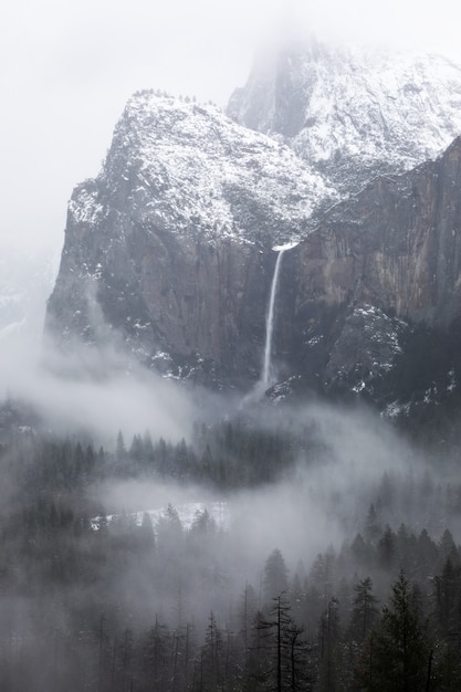 Disparo en escala de grises de una cascada en el Parque Nacional Yosemite en California