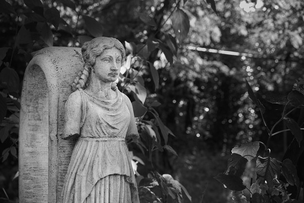 Disparo en escala de grises de esculturas de piedra en un jardín.