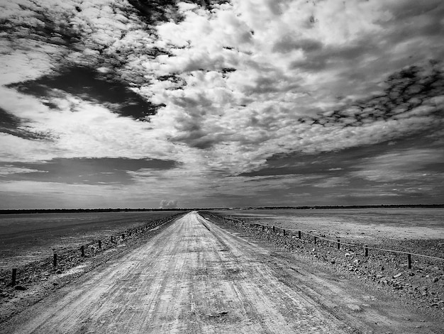Disparo en escala de grises del Etosha Pan en el Parque Nacional de Etosha en Namibia bajo el cielo nublado