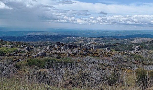 Disparo de gran angular de un gran campo rocoso y herboso con nubes en el cielo