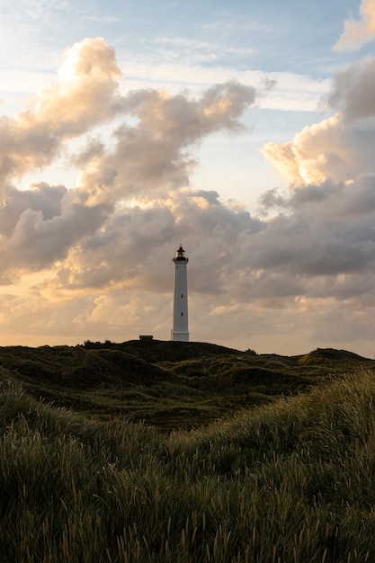 Foto gratuita disparo de gran angular de una gran torre blanca bajo un cielo nublado rodeado de césped