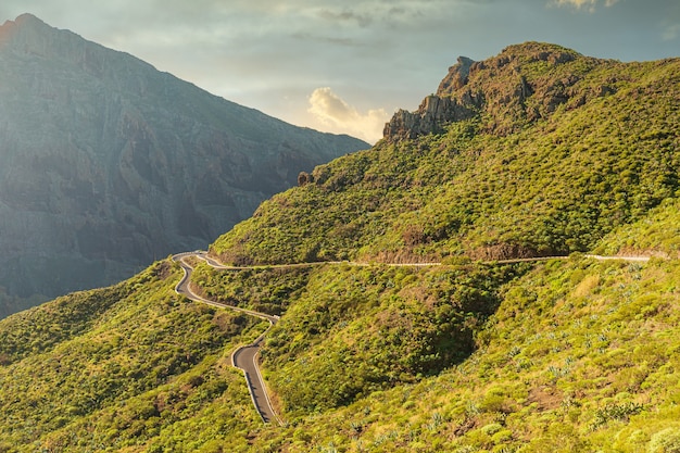 Disparo horizontal de una carretera en las hermosas montañas verdes de la isla de Teneriffe, ubicada en España