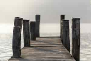 Foto gratuita disparo de un muelle de madera con troncos largos a los lados