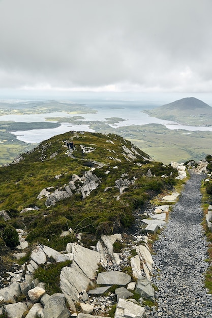 Disparo vertical de un camino estrecho en el Parque Nacional de Connemara en Irlanda bajo un cielo nublado