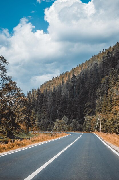 Disparo vertical de una carretera de asfalto vacía a través de montañas bajo un cielo nublado