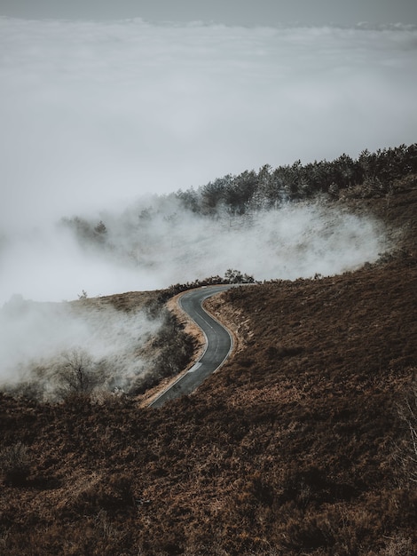 Disparo vertical de una carretera que atraviesa paisajes brumosos