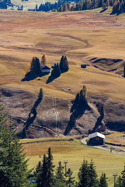 Disparo vertical de edificios en una colina cubierta de hierba en Dolomita Italia