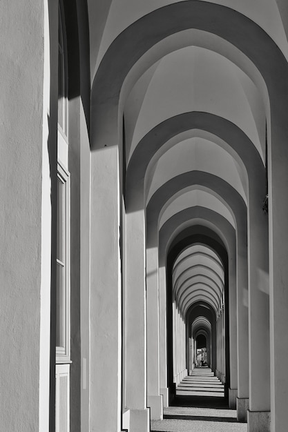 Foto gratuita disparo vertical en escala de grises de un largo pasillo con múltiples columnas en forma de arco