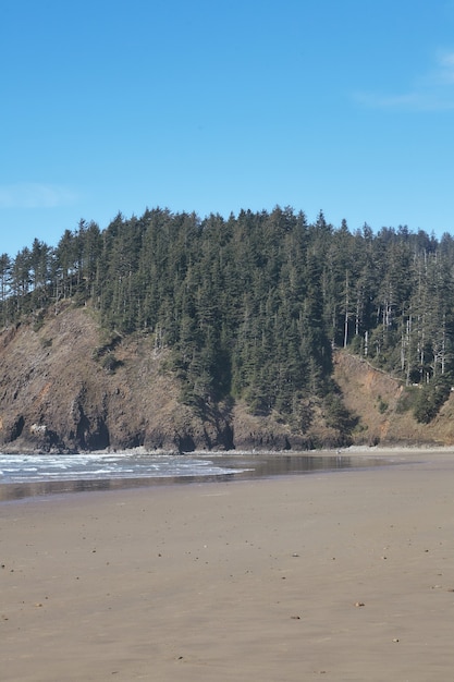 Disparo vertical de una formación rocosa en la orilla del océano cerca de Cannon Beach, Oregón, EE.