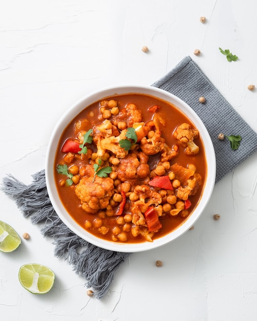 Disparo vertical de garbanzos al curry chana masala con limón en un recipiente sobre un surf blanco