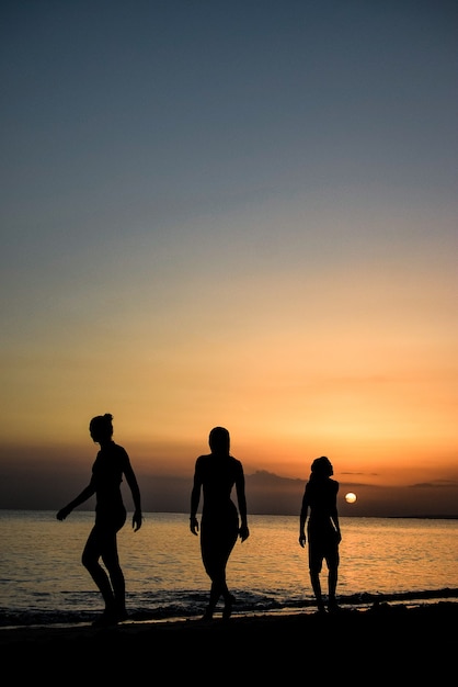 Foto gratuita disparo vertical de gente caminando bajo la impresionante puesta de sol sobre el océano