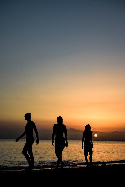 Disparo vertical de gente caminando bajo la impresionante puesta de sol sobre el océano