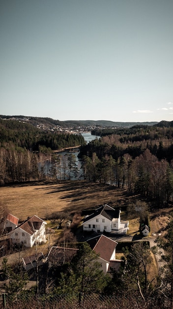 Disparo vertical de una hermosa vista de casas y árboles cerca del río