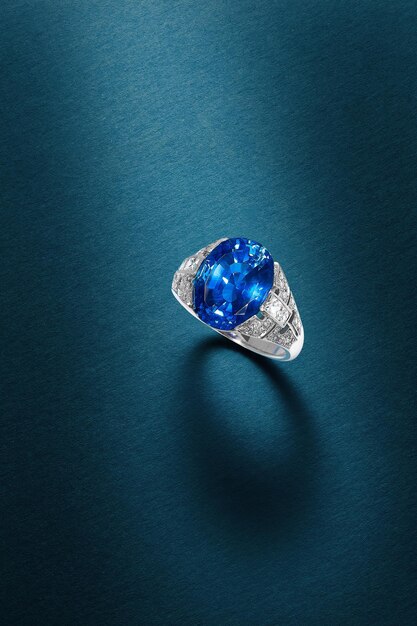 Disparo vertical de un hermoso anillo con una preciosa gema azul sobre una superficie azul