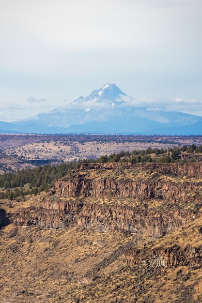 Disparo vertical de un hermoso cañón con acantilados rocosos y una alta montaña nevada