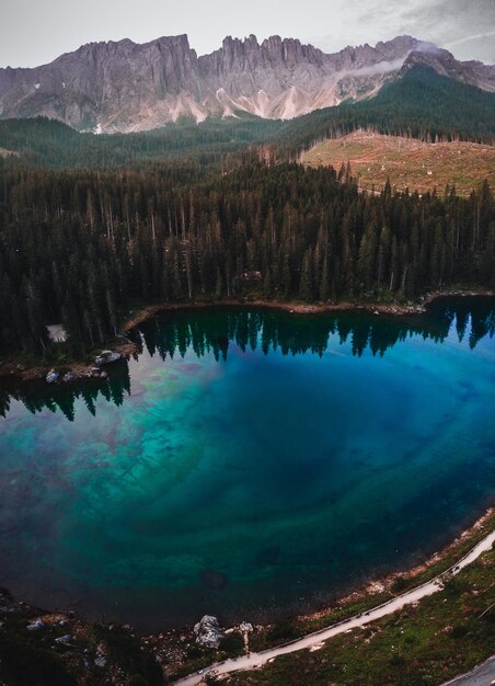 Disparo vertical del lago Carezza rodeado por los Dolomitas y la vegetación en Tirol del Sur, Italia