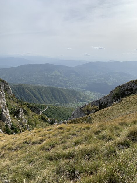 Disparo vertical de montañas cubiertas de vegetación bajo un cielo nublado