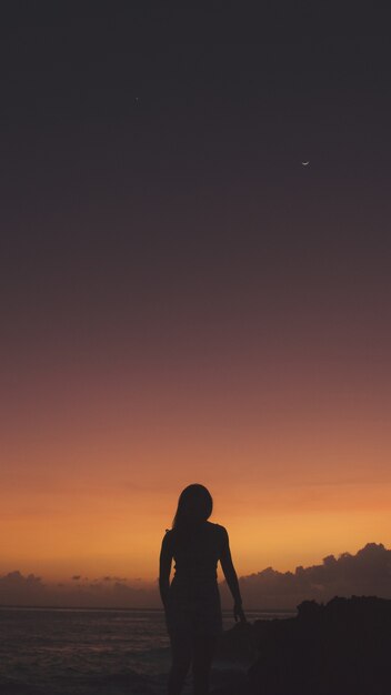 Disparo vertical de una mujer en silueta de pie sobre un acantilado cerca del mar durante la puesta de sol