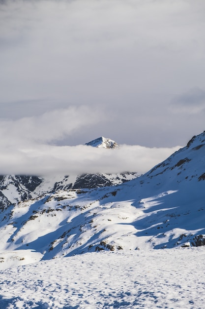 Disparo vertical de niebla en las montañas cubiertas de nieve