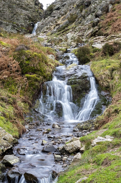 Disparo vertical de una pequeña cascada que fluye desde una montaña empinada