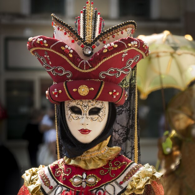 Disparo vertical de una persona que llevaba una ropa y una máscara de carnaval veneciano