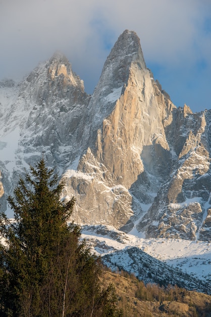 Disparo vertical de picos nevados de Aiguille Verte en los Alpes franceses