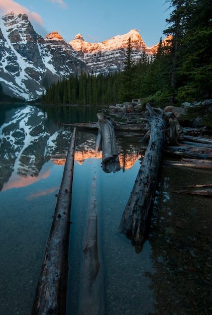 Disparo vertical de las piezas de madera en el lago con reflejos de las montañas en el lago Moraine