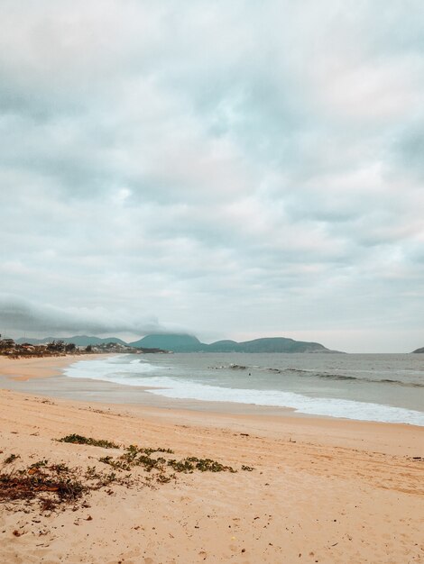 Disparo vertical de una playa rodeada por el mar bajo un cielo nublado en Río de Janeiro, Brasil