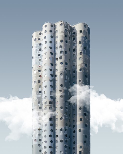 Disparo vertical de un rascacielos exótico de gran altura bajo el cielo azul