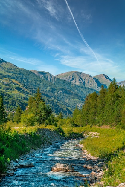 Disparo vertical de un río en el fondo de abetos y montañas