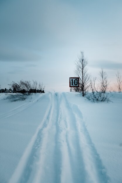 Disparo vertical de una señal de límite de velocidad en la carretera cubierta de nieve