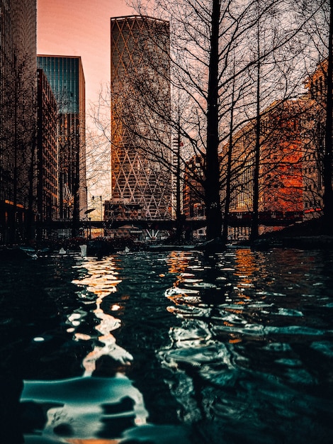 Foto gratuita disparo vertical de una superficie de agua en rascacielos