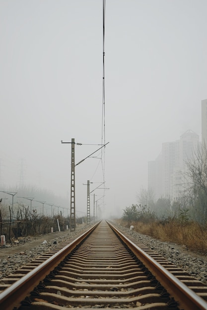 Disparo vertical de las vías del tren bajo un cielo nublado