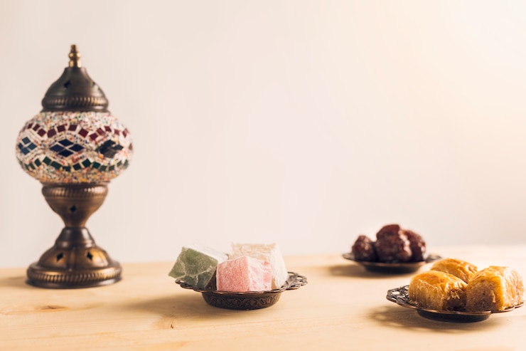 Foto gratuito disposición de ciruelas pasas cerca de baklava y delicias turcas en platillos.