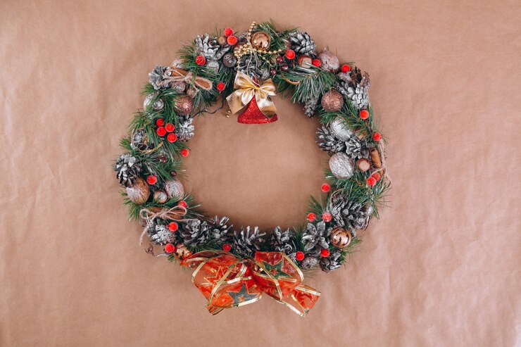 Foto gratuito disposición de fondo de navidad sobre fondo de papel artesanal