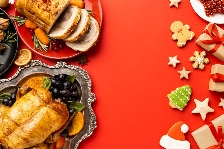 Foto gratuito disposición plana de comida navideña con espacio de copia