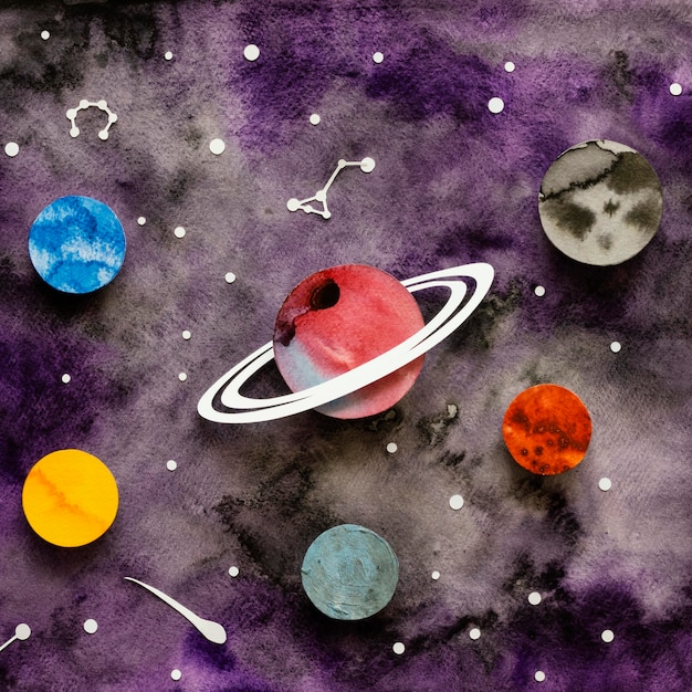 Disposición plana de planetas de papel creativos