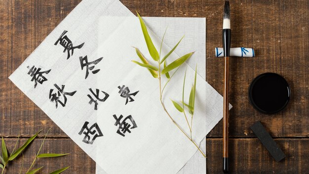 Disposición plana de símbolos chinos escritos con tinta