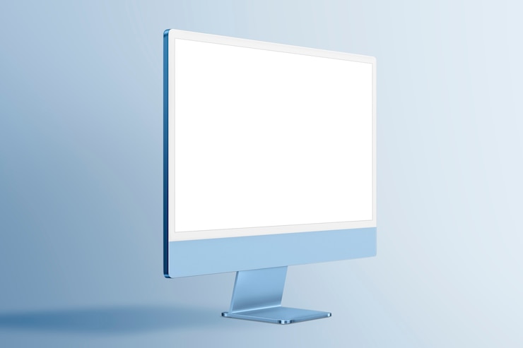 Foto gratuito dispositivo digital de pantalla de escritorio de computadora azul mínima con espacio de diseño