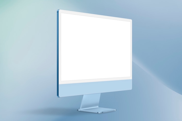 Foto gratuito dispositivo digital de pantalla de escritorio de computadora azul mínima con espacio de diseño