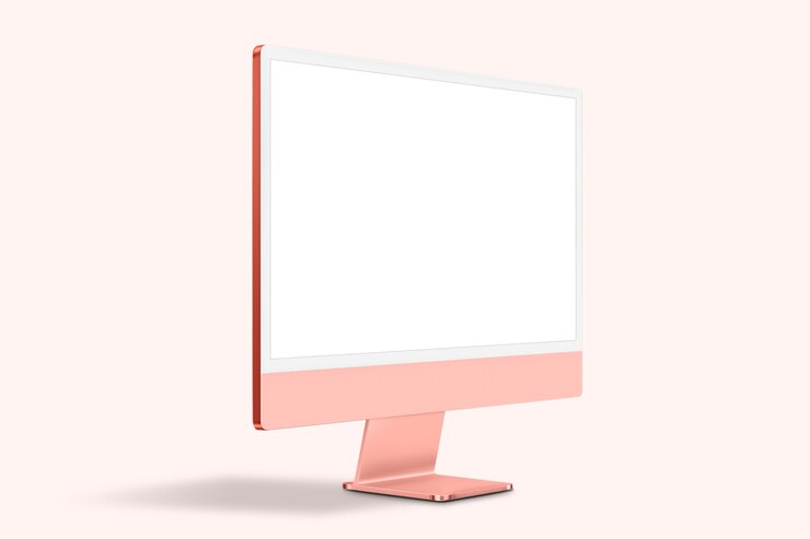 Foto gratuito dispositivo digital de pantalla de escritorio de computadora femenina rosa con espacio de diseño