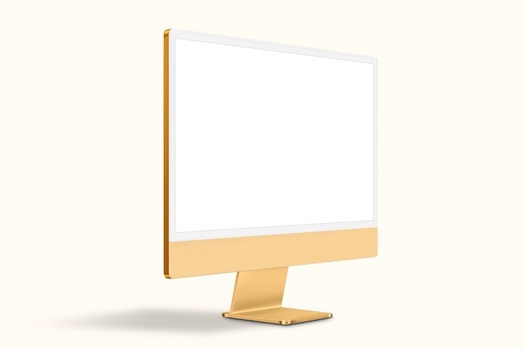Foto gratuito dispositivo digital de pantalla de escritorio de computadora mínima amarilla con espacio de diseño