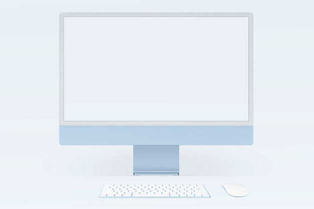 Dispositivo digital de pantalla de escritorio de computadora mínima azul con espacio de diseño