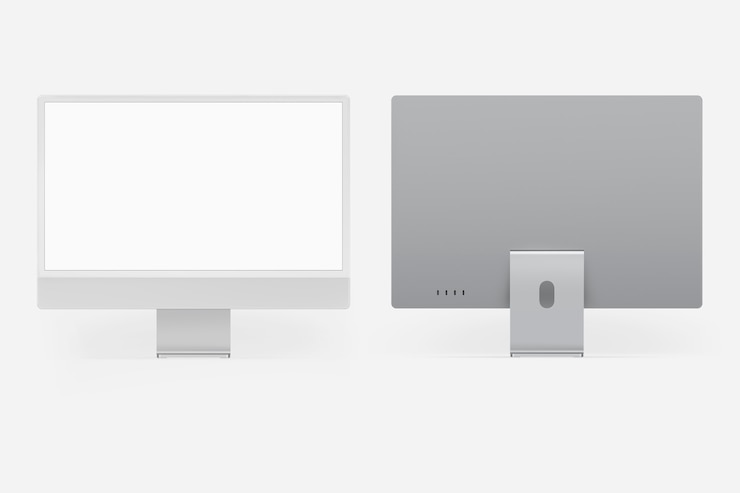 Foto gratuito dispositivo digital de pantalla de escritorio de computadora mínima gris con espacio de diseño