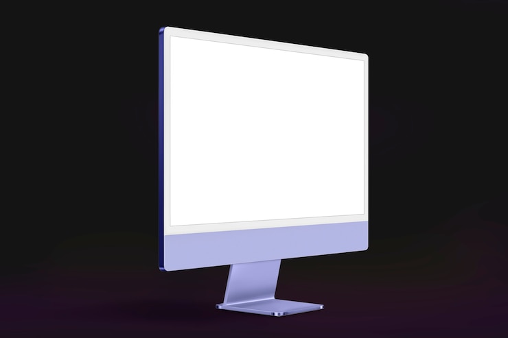 Foto gratuito dispositivo digital de pantalla de escritorio de computadora mínima púrpura con espacio de diseño